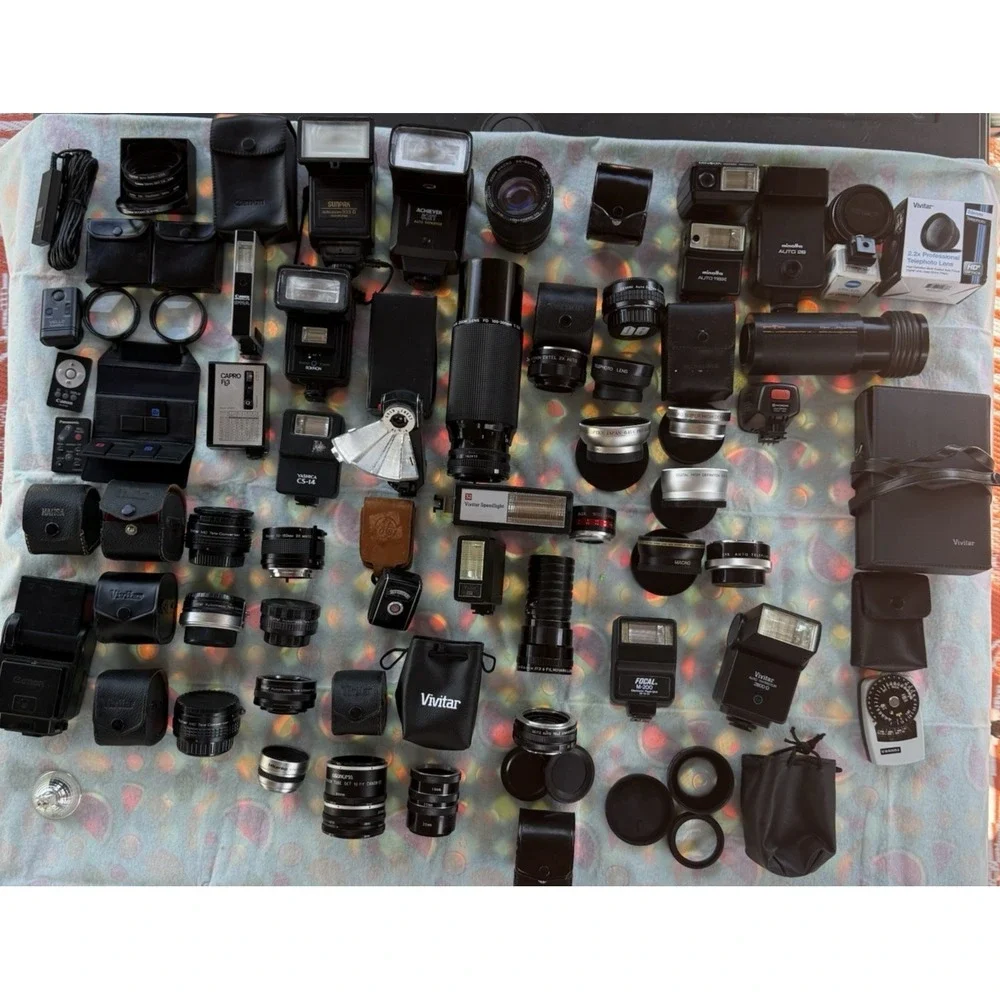 100+ Piece Lot of Camera Lenses,Filters,Extensions, Accessories & Flash-Untested